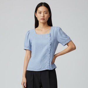 Emerge Blue Ruffle Button Blouse